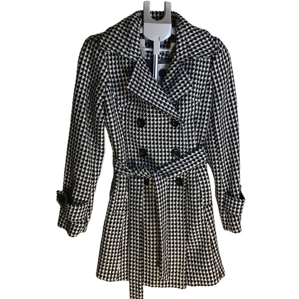 Romy Monique Black & White Houndstooth Double-Breasted Trench Coat SZ M NWT